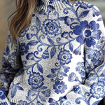 Floral Pattern High-Neck Long-Sleeved Loose Sweatshirt