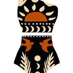Abstract Art Birds and Sun Print Color Block High Waist Bikini Skirt Set