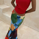 Bright and Bold Satin Abstract Color Blocks Print Elastic Waist Drape Maxi Skirt