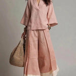 Pink V-neck Shirt And Color-blocked Wide-leg Pants Suit