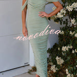 Like Venus Ruched Mesh Overlay Off Shoulder Party Maxi Dress