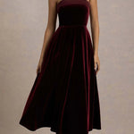 Center of Attention Velvet Satin Neck Bandeau Pleated Midi Dress