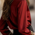 Satin Leopard Print Patchwork Casual Long-sleeved Shirt