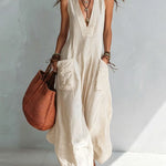 Solid-color V-neck loose-fit Euro-American style jumpsuit with large pockets