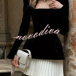 Netta Velvet Square Neck Long Sleeve Back Pearl Detail Pleated Mini Dress