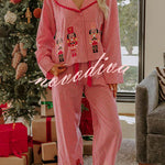 Nutcracker Charm Embroidered Gingham Loose Shirt and Elastic Waist Pajama Set