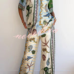 Deep Sea Dreaming Satin Unique Print Short Sleeve Shirt and Elastic Waist Pocketed Pants Set