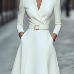 Solid Color V-neck Fitted Waist Long Sleeve Elegant Midi Dress