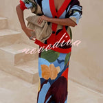 Bright and Bold Satin Abstract Color Blocks Print Elastic Waist Drape Maxi Skirt