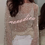 Fashion Sequined Hollow Long Sleeve Loose Knit Top