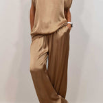Satin Solid Color Loose Short-sleeved Top and Elastic Waist Lace-up Pocket Wide-leg Pants Set