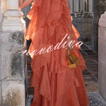 Free - Flowing Rose Detail Tiered Ruffles Halter A-line Maxi Dress