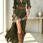 Fashion Lapel Single-breasted Waist Shirt-style Maxi Dress
