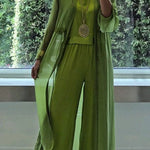 Solid Color Long Cardigan + Round Neck Casual Top and Elastic Waist Wide Leg Pants Three-piece Set