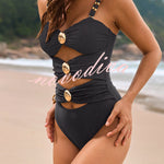 Fashionable Color-blocked Metal Button Stretch One-piece Swimsuit