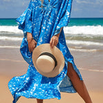 Simple Unique Printed Pleated Front Slit Cover Up