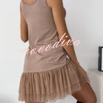 Breezy City Tulle Lace Tiered Hem Stretch Tank Mini Dress