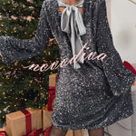 Velvet Sequin Back Bow Bell Sleeves Loose Mini Dress