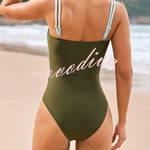 Fashionable Color-blocked Metal Button Stretch One-piece Swimsuit