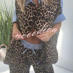 Comfortable Leopard Stripes Colorblock Print Oversized Shirt and Elastic Waist Pocket Loose Pants Set