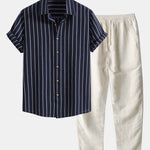 Cotton Blend Striped Shirt with Buttons & Straight Linen Trousers