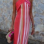 Sunset Breeze Linen Blend Colorful Stripes Cross Halter Flare Maxi Dress