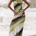 Misha Printed Cowl Neck Halter Tie-up Vacation Maxi Dress