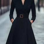 Solid Color V-neck Fitted Waist Long Sleeve Elegant Midi Dress