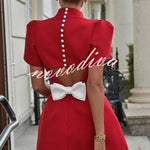 Sweet Moment Slit Short Sleeve Backless Removable Satin Bow Mini Dress