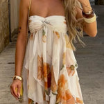 Arabella Floral Print Starfish Brooch Inverted Halter Neck Slit Ruffles Mini Dress
