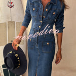 Tessy Denim Metal Button Zipper Shirt Stretch Pencil Slit Midi Dress
