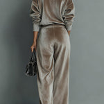 Stylish Velvet Turtleneck Long-sleeved Top and Casual Pocket Wide-leg Pants Set