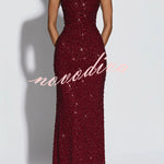 Calanthe Sequin Embellished Chiffon Ruched Square Neck Back Lace-up Maxi Dress
