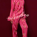 Festive Season Long Candy Stripe Tiered Bell Cuffs Elastic Waist Pocketed Pajama Set