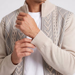 KZZ Men's Geometric Print Zip-Up Cable-Knit Cardigan