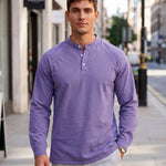 KZZ Men's Retro Washed Three-Button Stand Collar Henley Collar Long-Sleeve Pullover