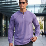 KZZ Men's Retro Washed Three-Button Stand Collar Henley Collar Long-Sleeve Pullover