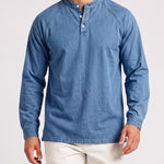 KZZ Men's Retro Washed Three-Button Stand Collar Henley Collar Long-Sleeve Pullover