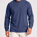 KZZ Men's Retro Washed Three-Button Stand Collar Henley Collar Long-Sleeve Pullover