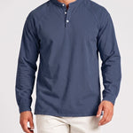 KZZ Men's Retro Washed Three-Button Stand Collar Henley Collar Long-Sleeve Pullover