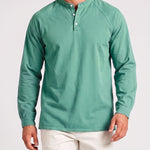 KZZ Men's Retro Washed Three-Button Stand Collar Henley Collar Long-Sleeve Pullover