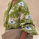 Mysterious Magic Knit Eye Heart Pattern Button Up Long Sleeve Loose Cardigan
