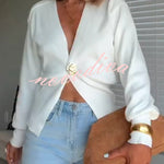 Only Yours Knit Metal Leaf Shape Button Lantern Sleeve Relaxed Cardigan