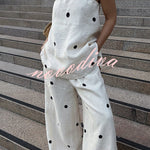 Linen Blend Polka Dot Bandeau Top and Elastic Waist Pocket Wide Leg Pants Set