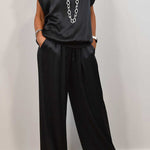 Satin Solid Color Loose Short-sleeved Top and Elastic Waist Lace-up Pocket Wide-leg Pants Set