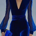 Solid Color Velvet V-neck Long-sleeved Elegant Fitted Jumpsuit