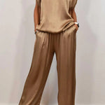 Satin Solid Color Loose Short-sleeved Top and Elastic Waist Lace-up Pocket Wide-leg Pants Set