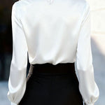 Solid Color Satin Long-sleeved Casual Tie-front Shirt