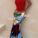Bright and Bold Satin Abstract Color Blocks Print Elastic Waist Drape Maxi Skirt