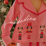 Nutcracker Charm Embroidered Gingham Loose Shirt and Elastic Waist Pajama Set